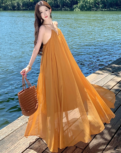 Vibrant Flowy Sheer Tulle Overlay Maxi Dress Flowy V-Neck Backless Halter Long Dress AP1218