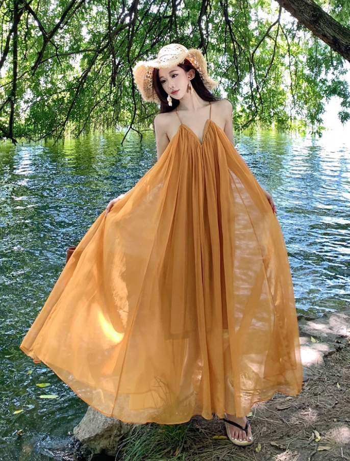 Vibrant Flowy Sheer Tulle Overlay Maxi Dress Flowy V-Neck Backless Halter Long Dress AP1218