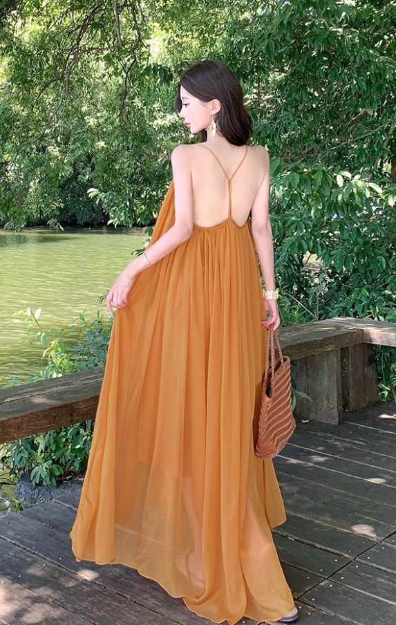 Vibrant Flowy Sheer Tulle Overlay Maxi Dress Flowy V-Neck Backless Halter Long Dress AP1218