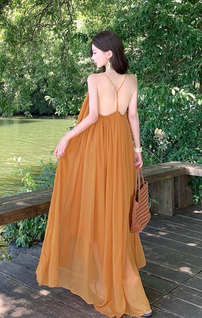 Vibrant Flowy Sheer Tulle Overlay Maxi Dress Flowy V-Neck Backless Halter Long Dress AP1218