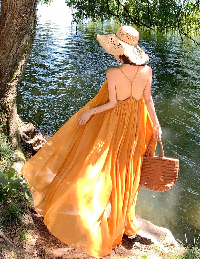 Vibrant Flowy Sheer Tulle Overlay Maxi Dress Flowy V-Neck Backless Halter Long Dress AP1218