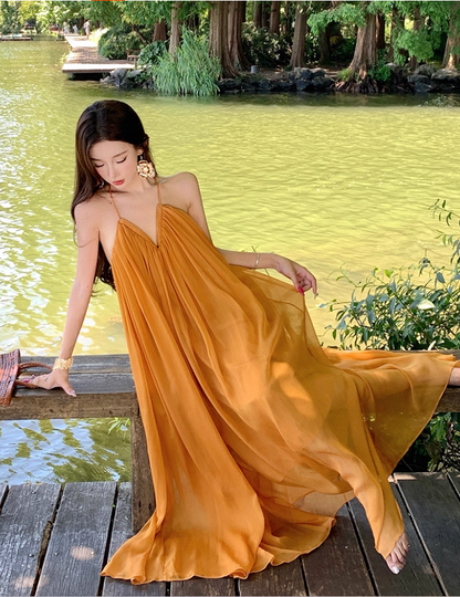 Vibrant Flowy Sheer Tulle Overlay Maxi Dress Flowy V-Neck Backless Halter Long Dress AP1218