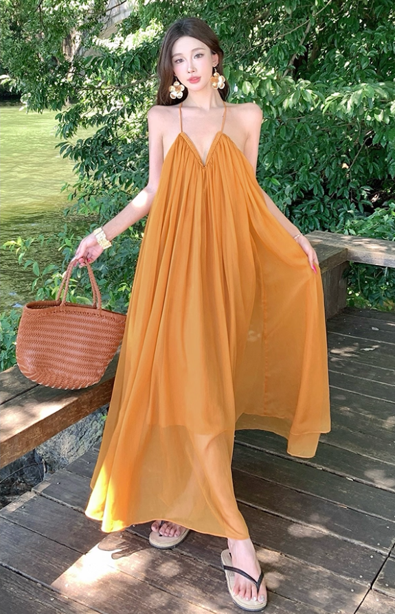 Vibrant Flowy Sheer Tulle Overlay Maxi Dress Flowy V-Neck Backless Halter Long Dress AP1218