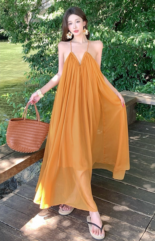 Vibrant Flowy Sheer Tulle Overlay Maxi Dress Flowy V-Neck Backless Halter Long Dress AP1218