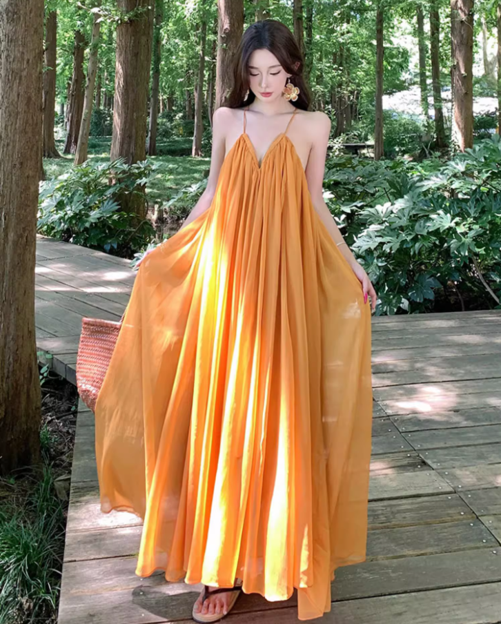 Vibrant Flowy Sheer Tulle Overlay Maxi Dress Flowy V-Neck Backless Halter Long Dress AP1218