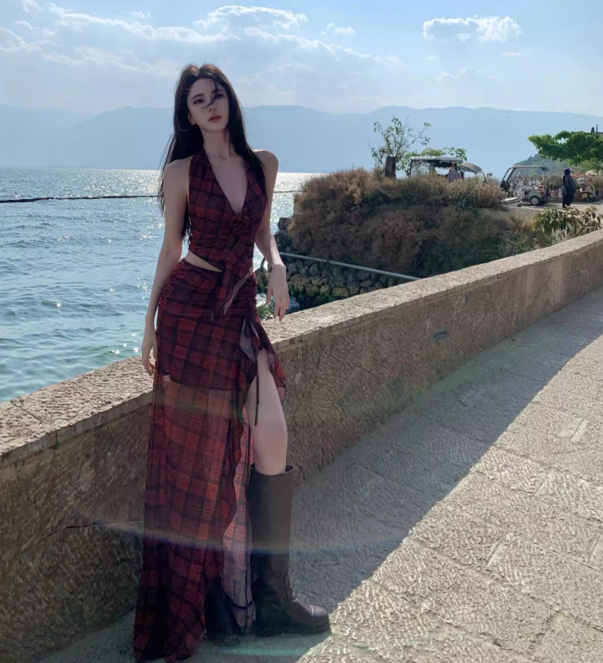 Hot Girls Hi-Lo Hem Two-Piece Set Maxi Dress Checkered V-Neck Backless Halter Long Dress AP1219