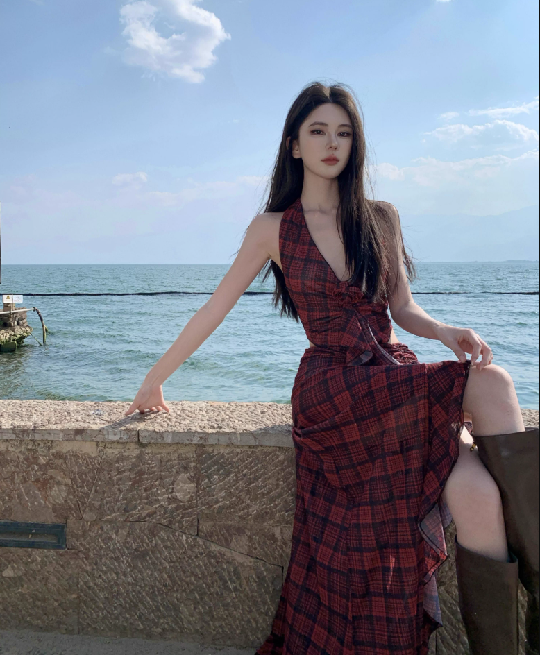 Hot Girls Hi-Lo Hem Two-Piece Set Maxi Dress Checkered V-Neck Backless Halter Long Dress AP1219