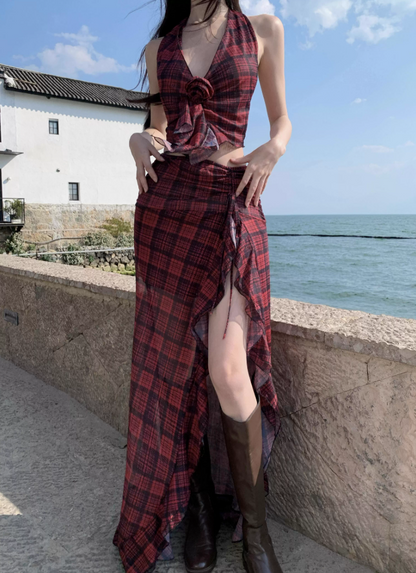 Hot Girls Hi-Lo Hem Two-Piece Set Maxi Dress Checkered V-Neck Backless Halter Long Dress AP1219