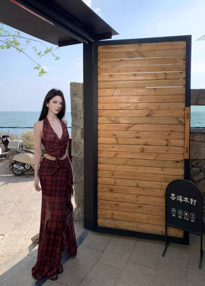 Hot Girls Hi-Lo Hem Two-Piece Set Maxi Dress Checkered V-Neck Backless Halter Long Dress AP1219