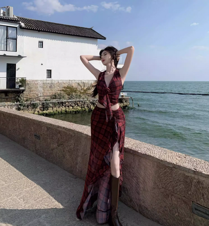 Hot Girls Hi-Lo Hem Two-Piece Set Maxi Dress Checkered V-Neck Backless Halter Long Dress AP1219