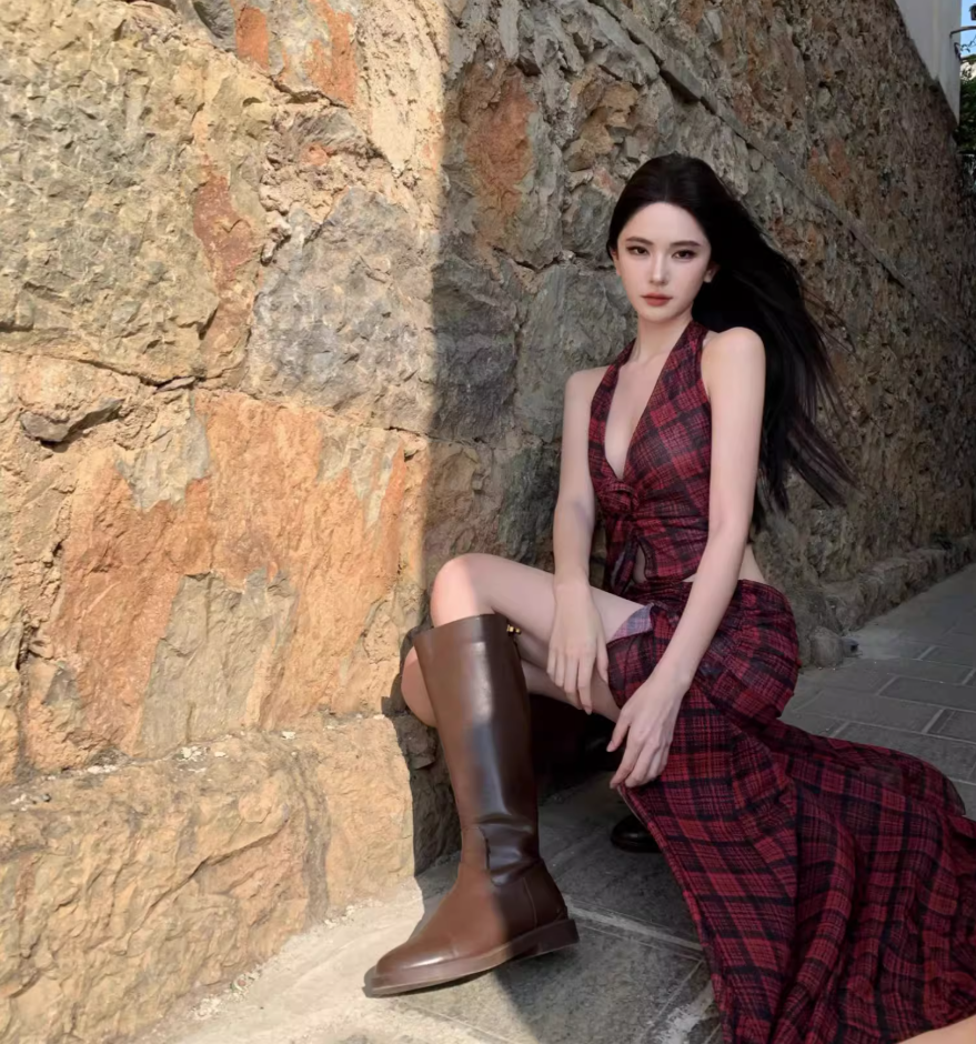 Hot Girls Hi-Lo Hem Two-Piece Set Maxi Dress Checkered V-Neck Backless Halter Long Dress AP1219