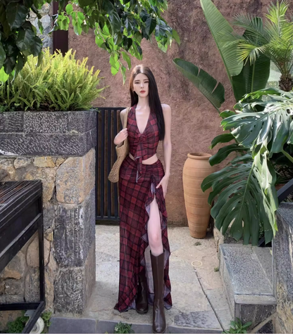 Hot Girls Hi-Lo Hem Two-Piece Set Maxi Dress Checkered V-Neck Backless Halter Long Dress AP1219