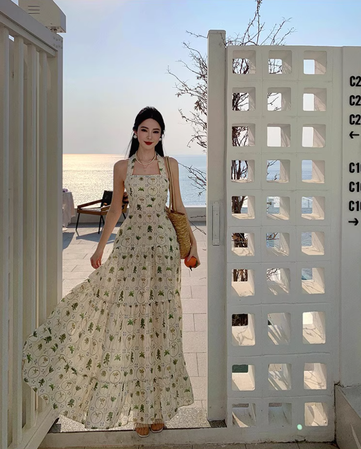 Chic Coastal Palm-Print Maxi Dress Bohemian Flowy Backless Halter Long Dress AP1220