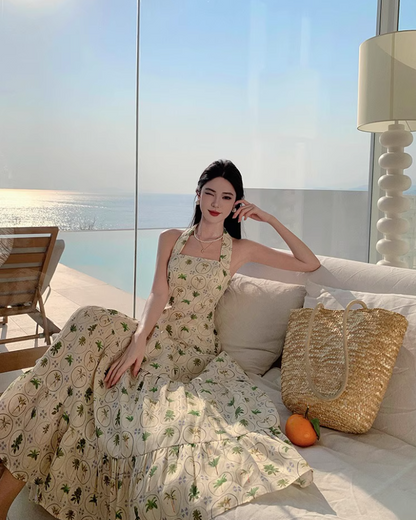 Chic Coastal Palm-Print Maxi Dress Bohemian Flowy Backless Halter Long Dress AP1220