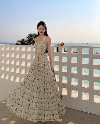 Chic Coastal Palm-Print Maxi Dress Bohemian Flowy Backless Halter Long Dress AP1220