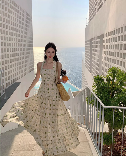 Chic Coastal Palm-Print Maxi Dress Bohemian Flowy Backless Halter Long Dress AP1220