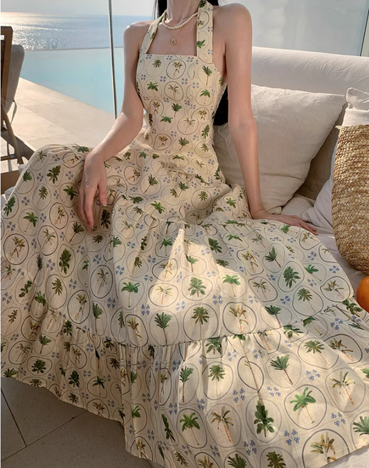 Chic Coastal Palm-Print Maxi Dress Bohemian Flowy Backless Halter Long Dress AP1220