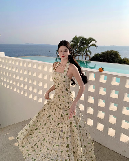 Chic Coastal Palm-Print Maxi Dress Bohemian Flowy Backless Halter Long Dress AP1220