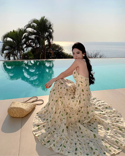 Chic Coastal Palm-Print Maxi Dress Bohemian Flowy Backless Halter Long Dress AP1220
