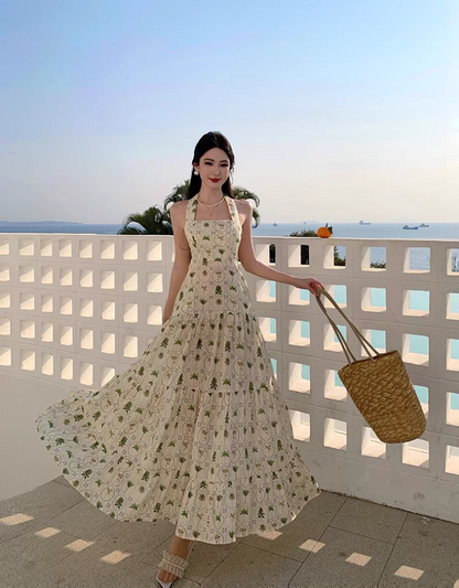 Chic Coastal Palm-Print Maxi Dress Bohemian Flowy Backless Halter Long Dress AP1220