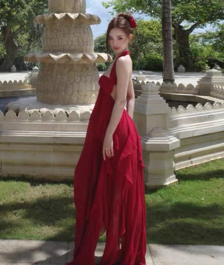 Sexy Coastal Getaways Hot Girls Maxi Backless Flowy Ruffles Hi-Lo Hem Halter Long Dress AP1221