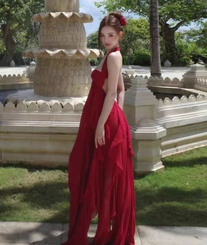 Sexy Coastal Getaways Hot Girls Maxi Backless Flowy Ruffles Hi-Lo Hem Halter Long Dress AP1221