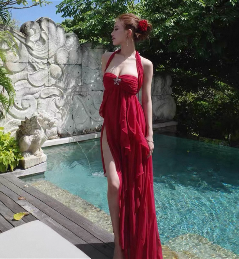 Sexy Coastal Getaways Hot Girls Maxi Backless Flowy Ruffles Hi-Lo Hem Halter Long Dress AP1221