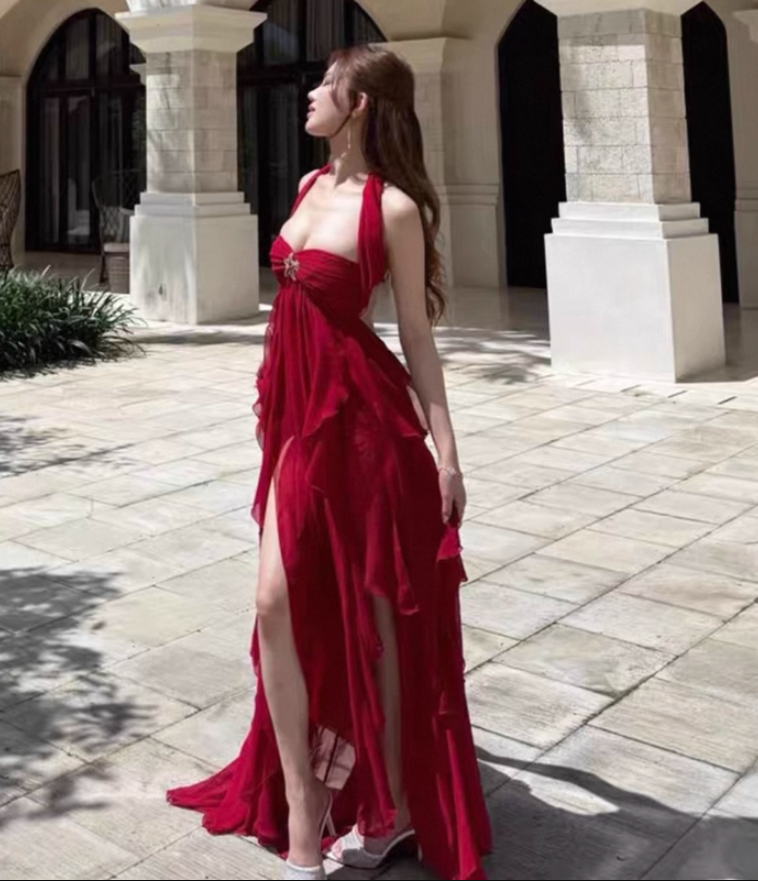 Sexy Coastal Getaways Hot Girls Maxi Backless Flowy Ruffles Hi-Lo Hem Halter Long Dress AP1221