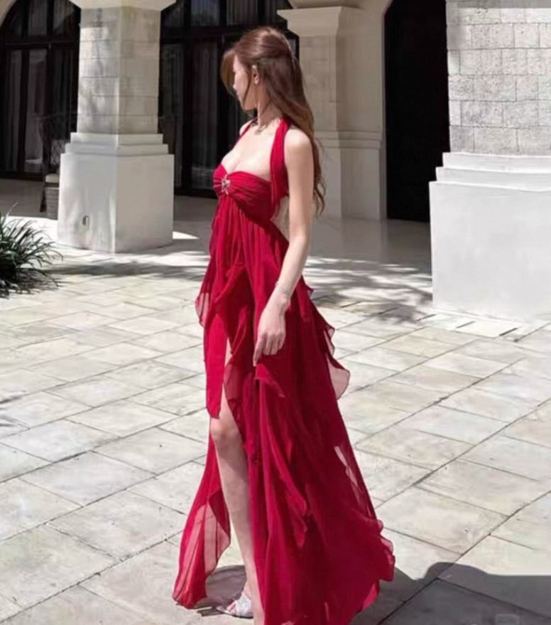 Sexy Coastal Getaways Hot Girls Maxi Backless Flowy Ruffles Hi-Lo Hem Halter Long Dress AP1221