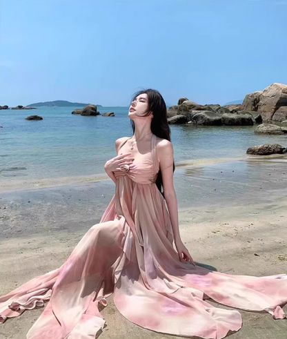 Ethereal Ruffles Splicing Flowy Maxi Backless Coastal Getaways Asymmetric Hem Halter Long Dress AP1222