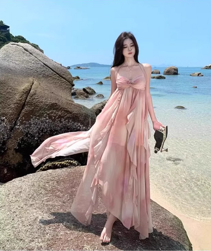 Ethereal Ruffles Splicing Flowy Maxi Backless Coastal Getaways Asymmetric Hem Halter Long Dress AP1222