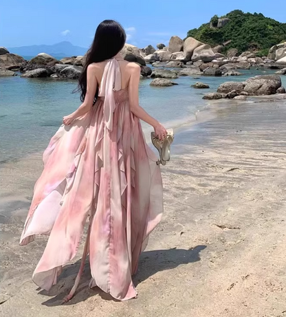 Ethereal Ruffles Splicing Flowy Maxi Backless Coastal Getaways Asymmetric Hem Halter Long Dress AP1222