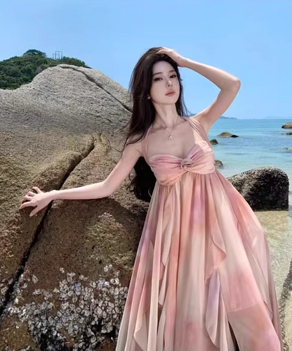 Ethereal Ruffles Splicing Flowy Maxi Backless Coastal Getaways Asymmetric Hem Halter Long Dress AP1222