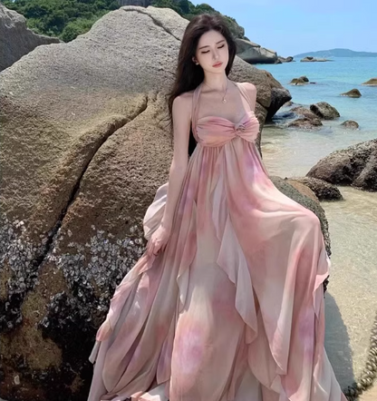 Ethereal Ruffles Splicing Flowy Maxi Backless Coastal Getaways Asymmetric Hem Halter Long Dress AP1222