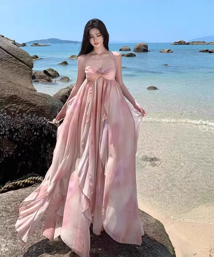 Ethereal Ruffles Splicing Flowy Maxi Backless Coastal Getaways Asymmetric Hem Halter Long Dress AP1222