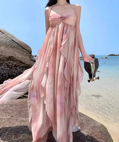 Ethereal Ruffles Splicing Flowy Maxi Backless Coastal Getaways Asymmetric Hem Halter Long Dress AP1222