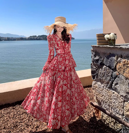 Boho Style V-Neck Floral Printed Maxi Dress Vintage Bell-Sleeve Flowy Long Dress AP1223