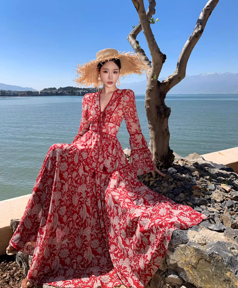 Boho Style V-Neck Floral Printed Maxi Dress Vintage Bell-Sleeve Flowy Long Dress AP1223