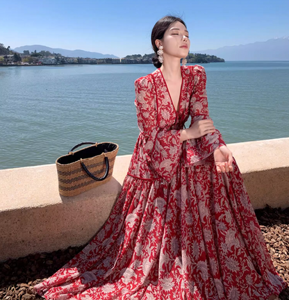 Boho Style V-Neck Floral Printed Maxi Dress Vintage Bell-Sleeve Flowy Long Dress AP1223