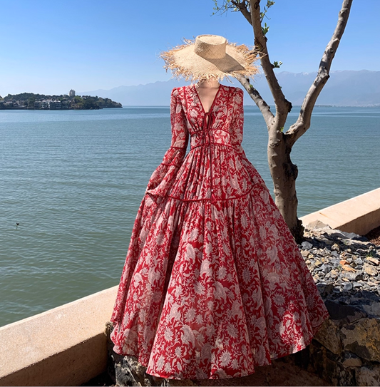 Boho Style V-Neck Floral Printed Maxi Dress Vintage Bell-Sleeve Flowy Long Dress AP1223