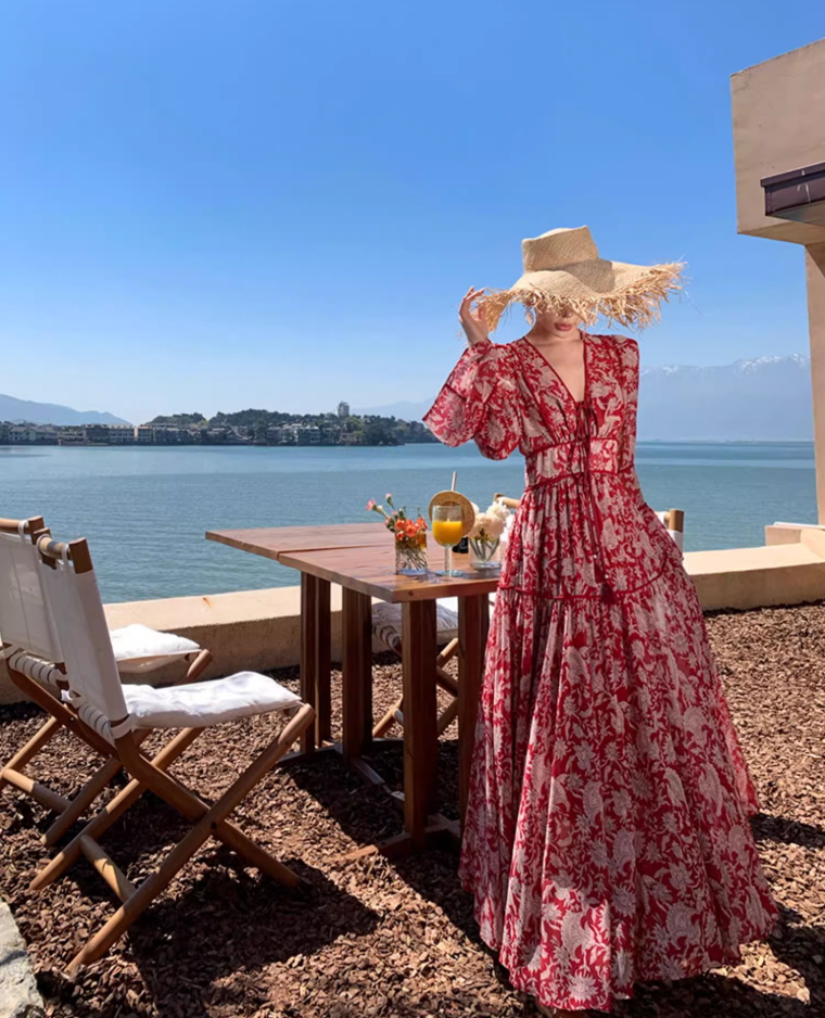 Boho Style V-Neck Floral Printed Maxi Dress Vintage Bell-Sleeve Flowy Long Dress AP1223