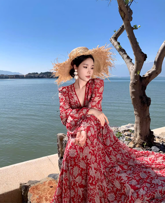 Boho Style V-Neck Floral Printed Maxi Dress Vintage Bell-Sleeve Flowy Long Dress AP1223