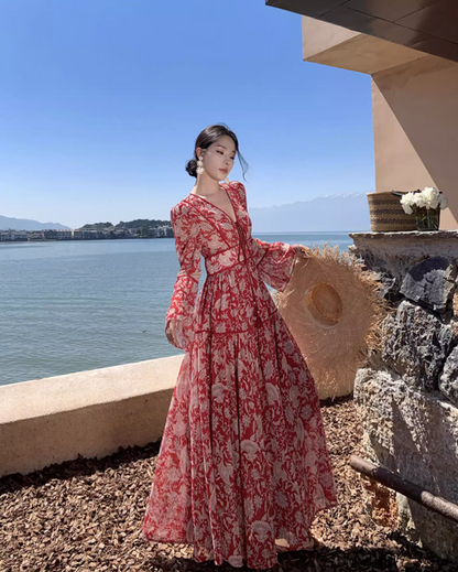 Boho Style V-Neck Floral Printed Maxi Dress Vintage Bell-Sleeve Flowy Long Dress AP1223