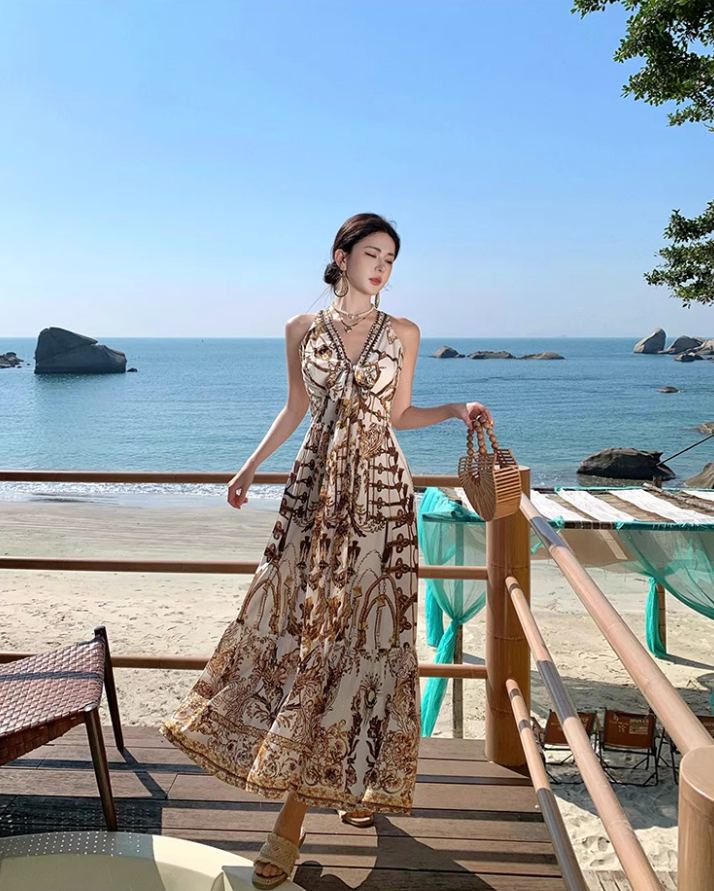 Beach Vacation Baroque Printed Maxi Dress Retro V-Neck Sleeveless Long Dress AP1224