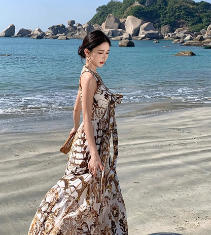 Beach Vacation Baroque Printed Maxi Dress Retro V-Neck Sleeveless Long Dress AP1224