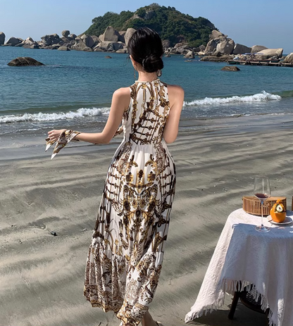 Beach Vacation Baroque Printed Maxi Dress Retro V-Neck Sleeveless Long Dress AP1224