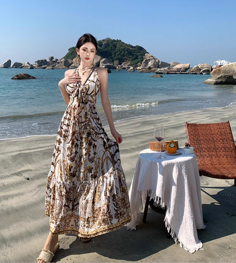 Beach Vacation Baroque Printed Maxi Dress Retro V-Neck Sleeveless Long Dress AP1224