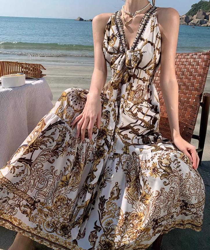 Beach Vacation Baroque Printed Maxi Dress Retro V-Neck Sleeveless Long Dress AP1224