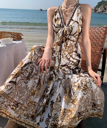 Beach Vacation Baroque Printed Maxi Dress Retro V-Neck Sleeveless Long Dress AP1224