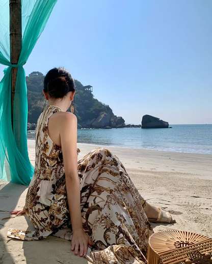 Beach Vacation Baroque Printed Maxi Dress Retro V-Neck Sleeveless Long Dress AP1224
